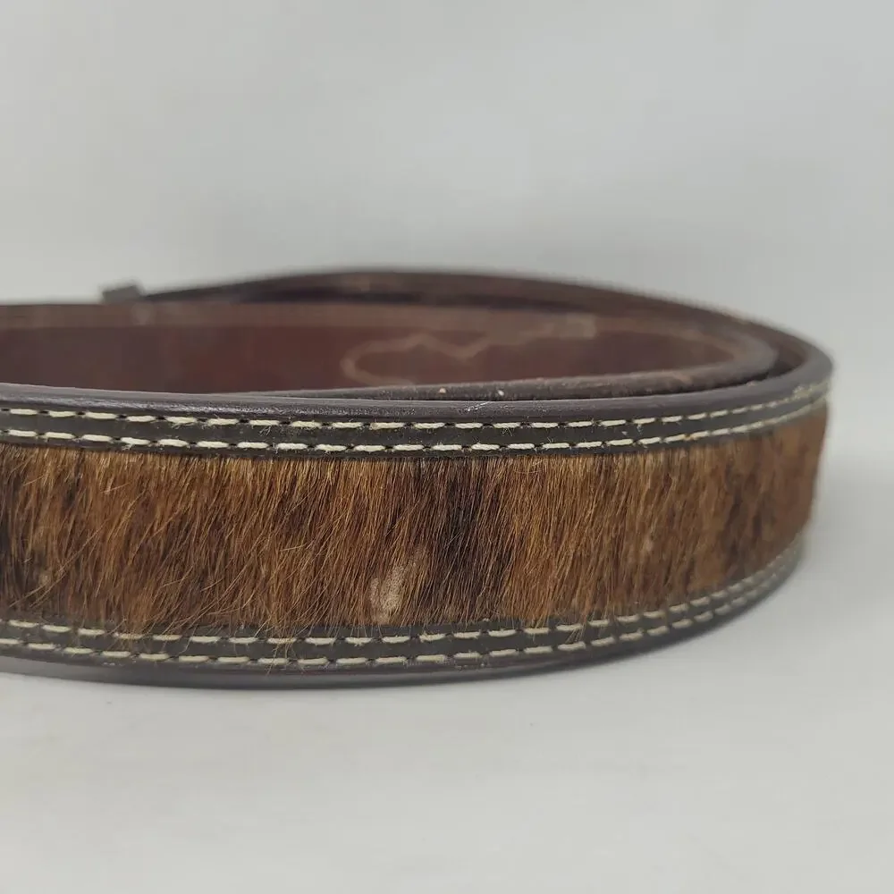 Larry Mahan Belt 36 Brown Leather‎ Cow Hair Studded Tooled Western Cowboy Rodeo